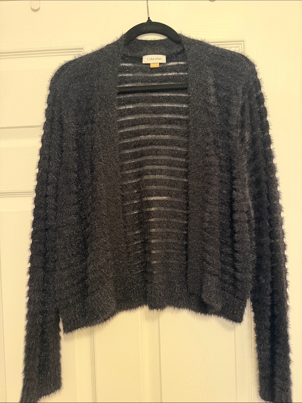 Calvin Klein Women's Black Fuzzy Open-Front Textured Cardigan